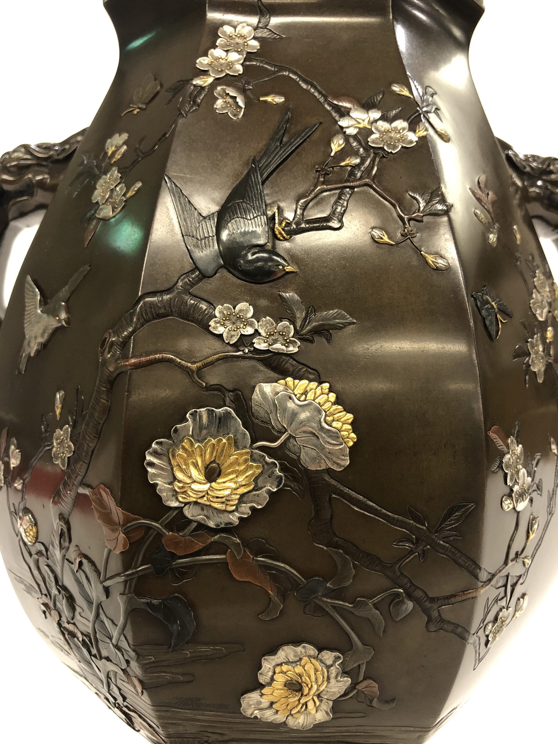 明治期 金工美術 金銀銅象嵌 花鳥図 双耳 究極の明治工芸 花鳥図花器 