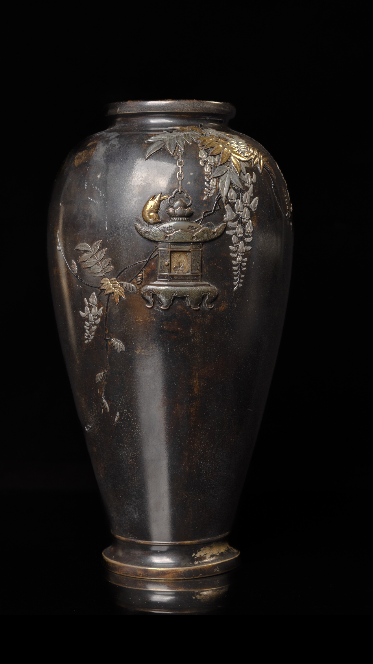 年代物 明治 大正 時代唐銅作物 金銀象嵌花器 時代物 銀象嵌 銅花瓶